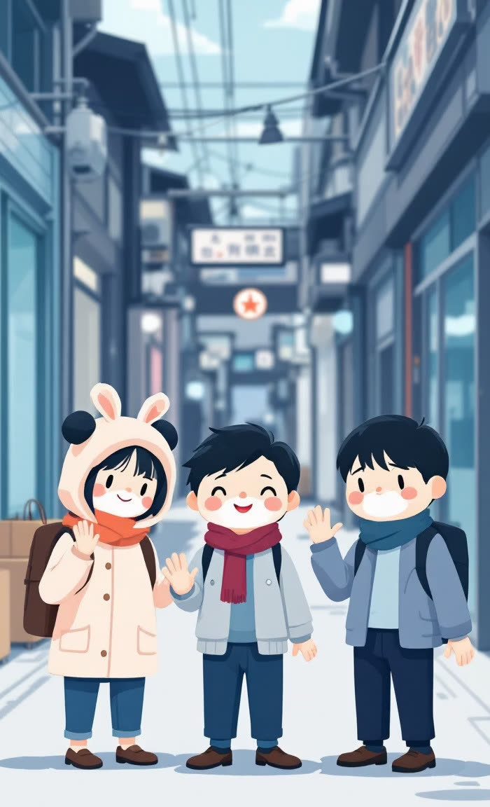 Three happy friends waving goodbye in a street